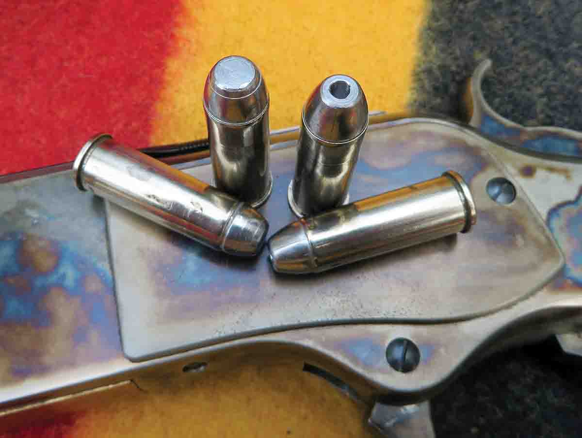 The pair of .44-40 cartridges (left) were assembled using Accurate Molds’ No. 43-205C bullet and the other two were loaded with Lyman’s No. 427098 hollowpoint bullet.